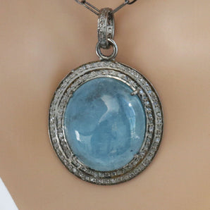 Pave Diamond Aquamarine Oval Pendant, (DGM-8022)