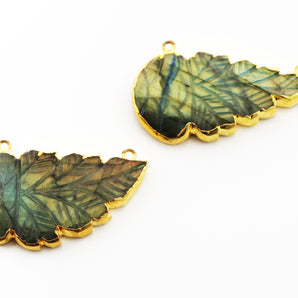 Gold ElectroPlated Carved Labradorite Feather Shape Bezel Pendant, 27X45-50 mm, (BZC-9057) - Beadspoint