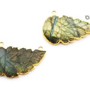 Gold ElectroPlated Carved Labradorite Feather Shape Bezel Pendant, 27X45-50 mm, (BZC-9057) - Beadspoint