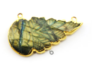 Gold ElectroPlated Carved Labradorite Feather Shape Bezel Pendant, 27X45-50 mm, (BZC-9057) - Beadspoint