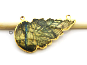 Gold ElectroPlated Carved Labradorite Feather Shape Bezel Pendant, 27X45-50 mm, (BZC-9057) - Beadspoint