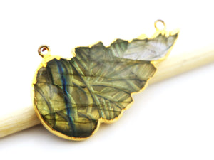 Gold ElectroPlated Carved Labradorite Feather Shape Bezel Pendant, 27X45-50 mm, (BZC-9057) - Beadspoint