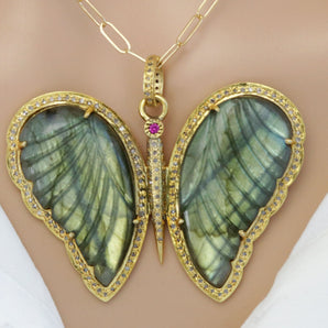Pave Diamond Pendant Labradorite Butterfly Large Pendant, (DLB-051)