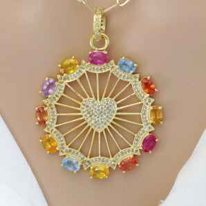 Pave Diamond & Multi Sapphire Heart Pendant, (DPL-2487)