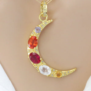 Pave Diamond & Multi Sapphire Crescent Moon Pendant, (DPL-2490)