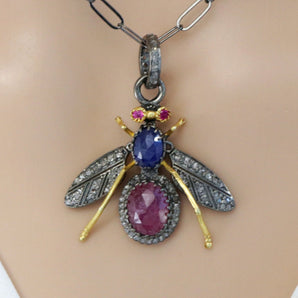 Pave Diamond Bee Fly Pendant w/ Ruby and Sapphire, (DPL-2488)