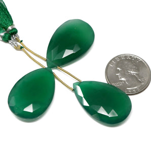 Green Onyx Faceted Large Pear Drops, 21x33 mm, Rich Color, Onyx Gemstone Beads, (GNx-LPR-21x33)(246)