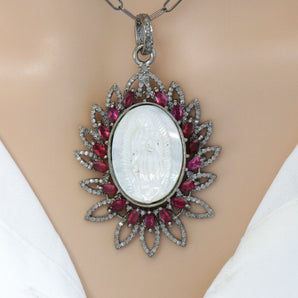 Pave Diamond Mother of Pearl Virgin Mary Pendant with Ruby, (DMP-6027)