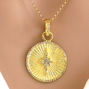 Pave Diamond Starburst Fluted Disc Medallion Pendant, (DPS-152)