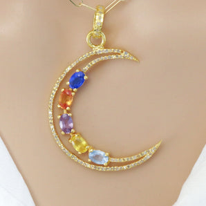 Pave Diamond & Multi Sapphire Moon Pendant, (DPL-2486)