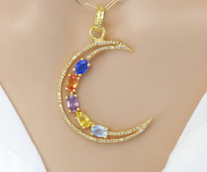 Pave Diamond & Multi Sapphire Moon Pendant, (DPL-2486)