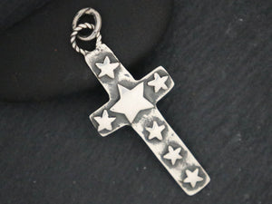 Sterling Silver Artisan Large Cross with Star Imprint Charm, (AF-344) - Beadspoint