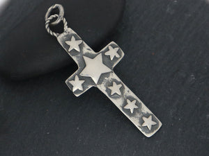 Sterling Silver Artisan Large Cross with Star Imprint Charm, (AF-344) - Beadspoint