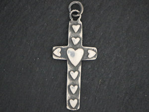 Sterling Silver Artisan Large Cross with Heart Imprint Charm, (AF-345) - Beadspoint