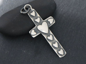 Sterling Silver Artisan Large Cross with Heart Imprint Charm, (AF-345) - Beadspoint