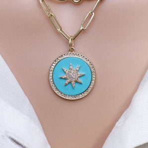 14K Solid Gold Pave Diamond & Turquoise Star Pendant, (14K-DP-011)