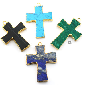 Gold Electroplated Bezel Cross Pendant , 26x35 mm, Multiple Colors, (BZC-9066-TRQ) - Beadspoint