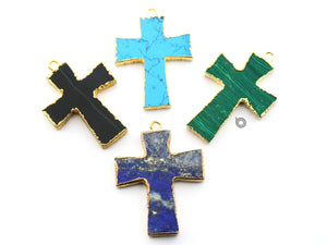 Gold Electroplated Bezel Cross Pendant , 26x35 mm, Multiple Colors, (BZC-9066-TRQ) - Beadspoint