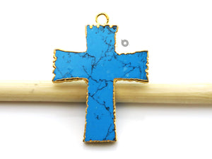 Gold Electroplated Bezel Cross Pendant , 26x35 mm, Multiple Colors, (BZC-9066-TRQ) - Beadspoint