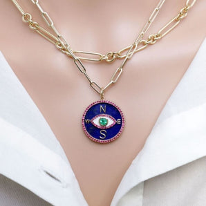 14K Solid Gold Pave Diamond & Lapis North Star Compass Pendant, (14K-DP-012)