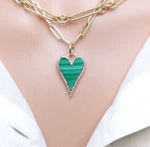14K Solid Gold Pave Diamond & Malachite Love Heart Pendant, (14K-DP-013)