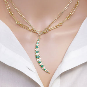 14K Solid Gold Pave Diamond & Emerald Crescent Moon Pendant, (14K-DP-016)