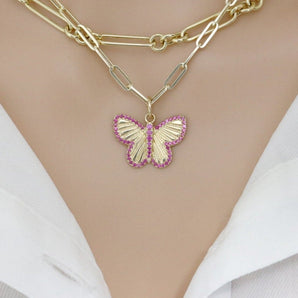 14K Solid Gold Pave Diamond & Ruby Butterfly Pendant, (14K-DP-025)