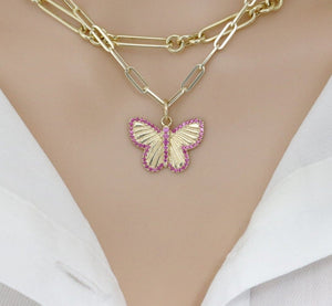 14K Solid Gold Pave Diamond & Ruby Butterfly Pendant, (14K-DP-025)