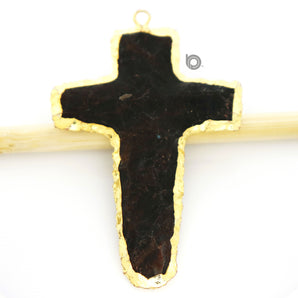 Gold Electroplated  Brown Jasper Cross Pendant, 58x40 mm, (BZC-9073) - Beadspoint