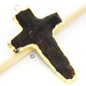 Gold Electroplated  Brown Jasper Cross Pendant, 58x40 mm, (BZC-9073) - Beadspoint
