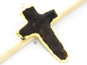 Gold Electroplated  Brown Jasper Cross Pendant, 58x40 mm, (BZC-9073) - Beadspoint
