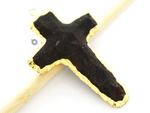 Gold Electroplated  Brown Jasper Cross Pendant, 58x40 mm, (BZC-9073) - Beadspoint