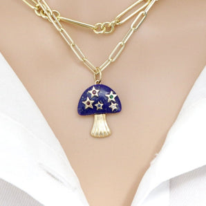 14K Solid Gold Pave Diamond & Lapis Mushroom Pendant, (14K-DP-028)