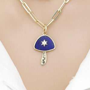 14K Solid Gold Pave Diamond & Lapis Mushroom Star Pendant, (14K-DP-029)