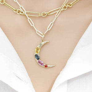 14K Solid Gold Pave Diamond & Multi Sapphire Crescent Moon Pendant, (14K-DP-030)