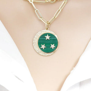 14K Solid Gold Pave Diamond & Malachite Moon & Star Pendant, (14K-DP-017)