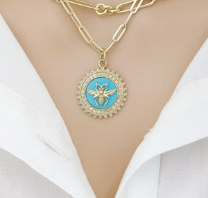 14K Solid Gold Pave Diamond & Turquoise Bee Pendant, (14K-DP-019)