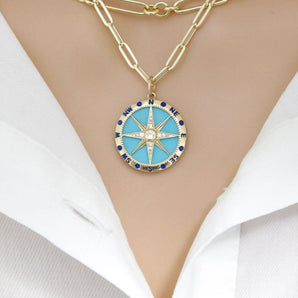 14K Solid Gold Pave Diamond & Turquoise North Star Compass Pendant, (14K-DP-020)