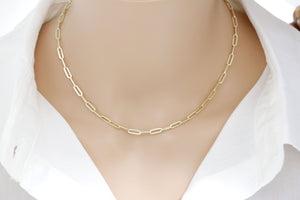 14K Solid Yellow Gold Paper Clip Finish Necklace w/clasp 3x9 mm (14k-3x9(6))