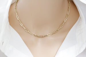 14K Solid Yellow Gold Paper Clip Finish Necklace w/clasp, 5x16.5 mm, 14k-5x16.5(8)