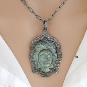 Pave Diamond Carved Labradorite Queen pendant, (DPL-2416)