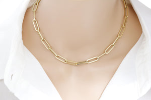 14K Solid Yellow Gold Paper Clip Finish Necklace w/clasp, 6x18.5 mm, 14k-6x18.5(9)