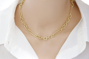 14K Gold, High Quality Italian Gold, Alternating Links, paper Clip, Adjustable link, Statement Chain Necklace, 14k-6x26(11)