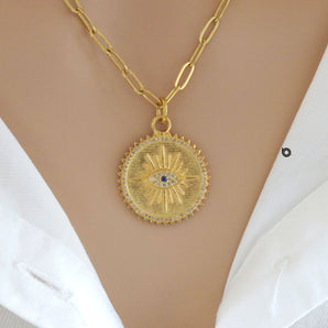 Pave Diamond Sacred Evil Eye Medallion with Sapphire, (DPM-1162)