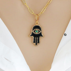 Pave Diamond Sacred Hamsa with Evil Eye Pendant, (DEM-4092)