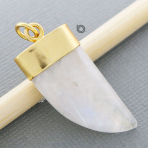 Gold Plated Rainbow Moonstone Smooth Shark Tooth Pendant, 29x15 mm, (BZC-9087) - Beadspoint