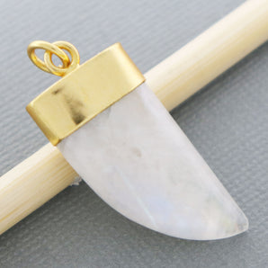 Gold Plated Rainbow Moonstone Smooth Shark Tooth Pendant, 29x15 mm, (BZC-9087) - Beadspoint
