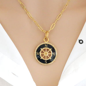 Pave Diamond Large Compass Medallion Pendant, (DEM-4090)