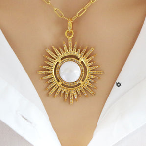 Pave Diamond Starburst Sun Pendant with pearl, (DPL-2418)