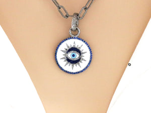 Pave Diamond & Blue Sapphire Evil Eye Pendant Disc Pendant, (DEM-4093)